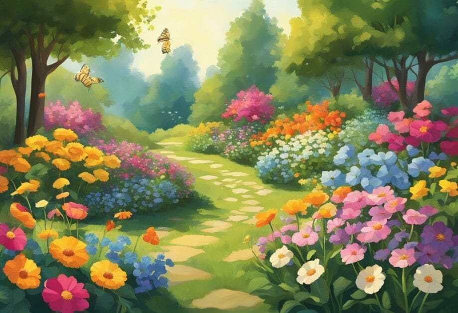 Colorful flowers bloom in a well-tended garden. Sunlight filters through the trees, casting dappled shadows on the lush greenery. Bees and butterflies flit from flower to flower, pollinating the vibrant blooms