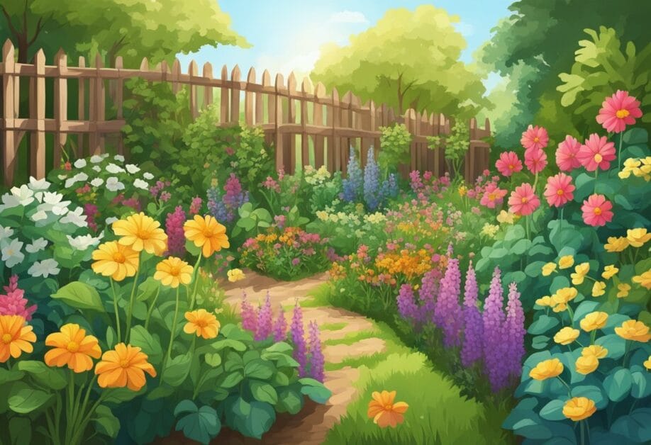 Lush backyard garden with rows of various medicinal plants thriving in the sunlight, surrounded by a wooden fence and colorful flowers