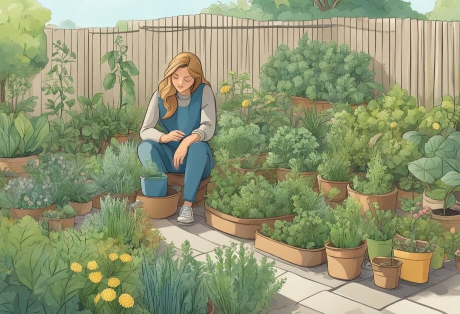 A person carefully selects medicinal plants from a lush backyard garden