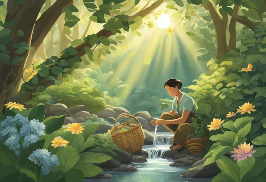 Sunlight filters through the dense forest canopy, illuminating a variety of medicinal plants. A figure carefully gathers leaves and flowers, placing them in a woven basket. Nearby, a bubbling stream provides fresh water for processing the plants