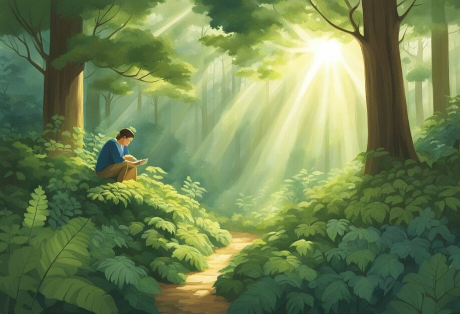 Sunlight filters through the dense forest canopy, illuminating a variety of medicinal plants. A figure carefully gathers herbs, ensuring minimal impact on the surrounding ecosystem