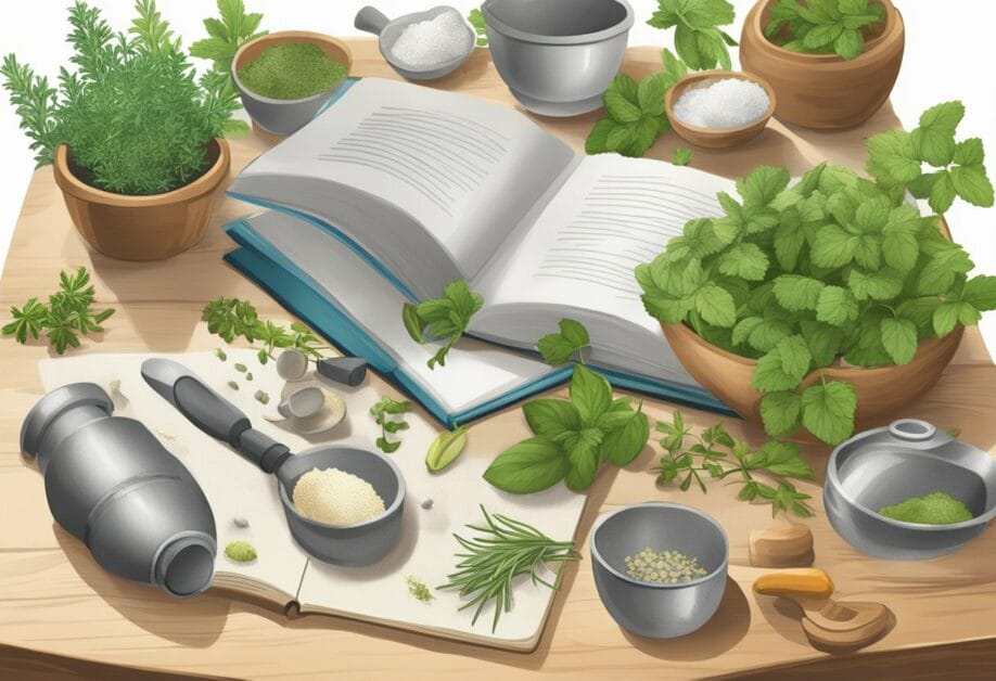A table with various herbs, mortar and pestle, and safety equipment like gloves and goggles. A book on herbal medicine is open to a page about safety tips