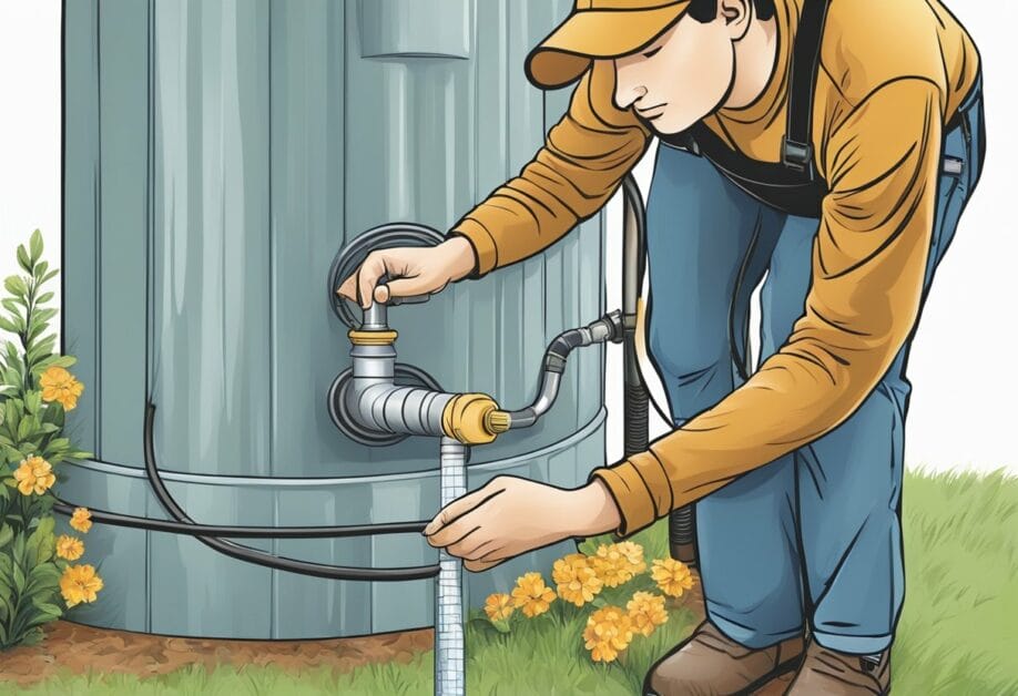 A person connects a rain barrel to a downspout, securing it with a hose and ensuring proper drainage