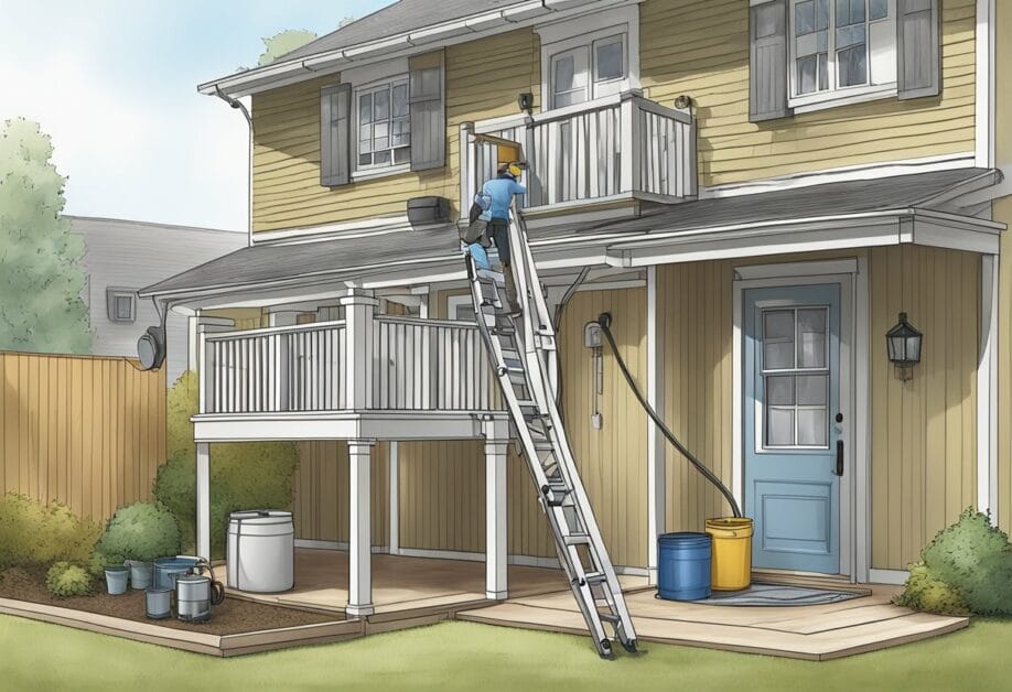 A ladder leans against a house with a rain barrel system being installed. A drill, screws, and a hose are scattered nearby