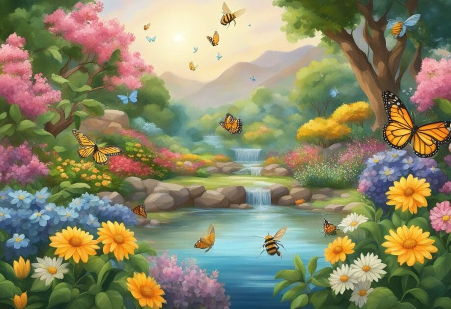 A vibrant garden with native flowers, fruit trees, and a water source. Bees, butterflies, and birds flit among the blossoms