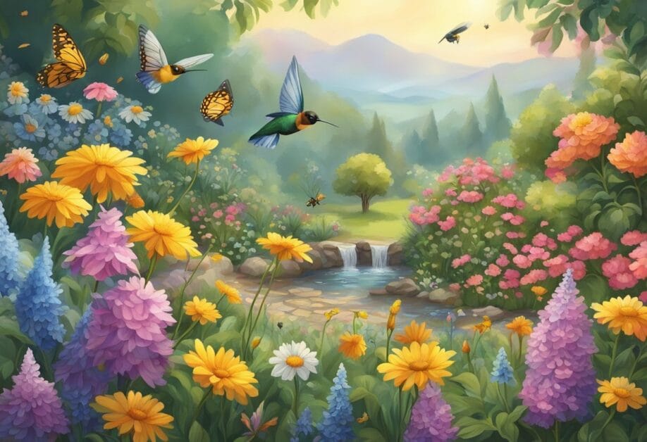 A garden filled with colorful flowers and plants buzzing with bees, fluttering with butterflies, and visited by hummingbirds