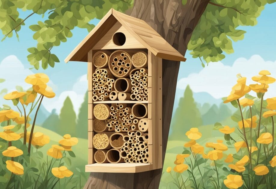 A wooden bee hotel hangs from a sturdy tree branch. Tubes and holes are filled with natural materials, providing cozy homes for solitary bees