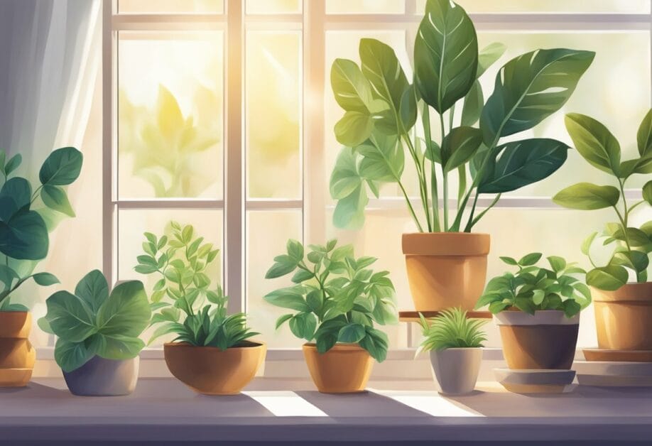 A table holds potted aromatic plants. Sunlight filters through a window, casting soft shadows. A diffuser emits natural scents, filling the room with a cozy atmosphere