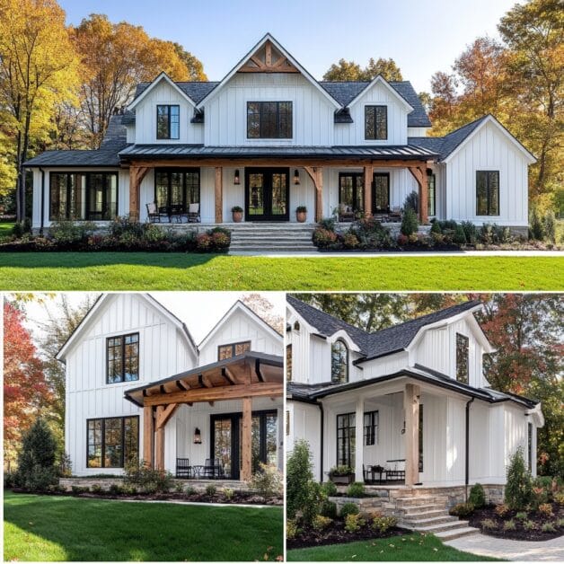 White Willow Manor is a two-story white farmhouse-style dream house with a black roof, surrounded by lush lawn and trees. Features include a charming wooden porch, black-framed windows, and beautifully landscaped gardens. Fall foliage adds to the perfect country escape in the background.