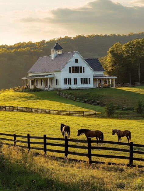 A white farmhouse with a black roof sits on a hill surrounded by green fields and trees, resembling an Auto Draft painting. Three horses graze near a wooden fence in the foreground.