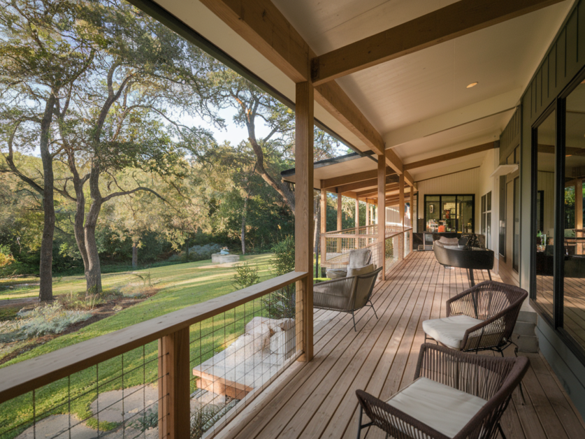 A spacious wooden porch at the Red Oak Retreat, with comfortable seating, overlooking a green lawn and trees in the background. This 500 Sq. Ft. modern farmhouse-style porch features a roof and wooden railings for a relaxing ambiance.