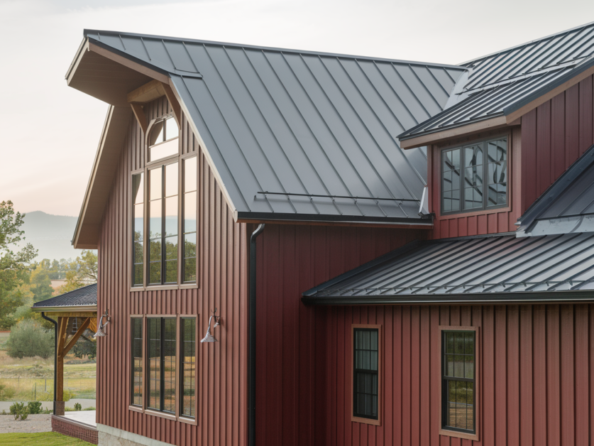 The Red Oak Retreat is a dream modern farmhouse with a metal roof, large windows, and a scenic, partially wooded background.