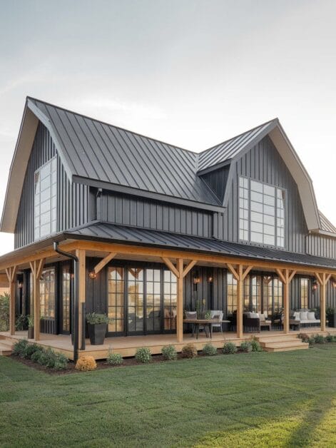 A modern black farmhouse with large glass windows, wooden accents, and a wraparound porch, set against the backdrop of Stone Haven's well-manicured lawn.