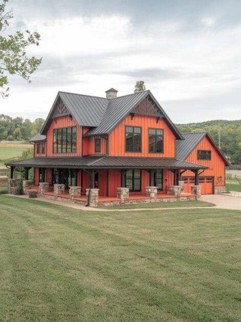The Red Oak Retreat is a large, two-story red barn-style house with a black metal roof and a covered porch. This modern farmhouse is situated on a spacious, well-manicured lawn under a cloudy sky.