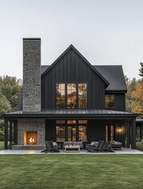 A modern two-story house with dark siding and a stone chimney, featuring large windows and an outdoor fireplace on a patio with several chairs arranged around it, set on a grassy yard.