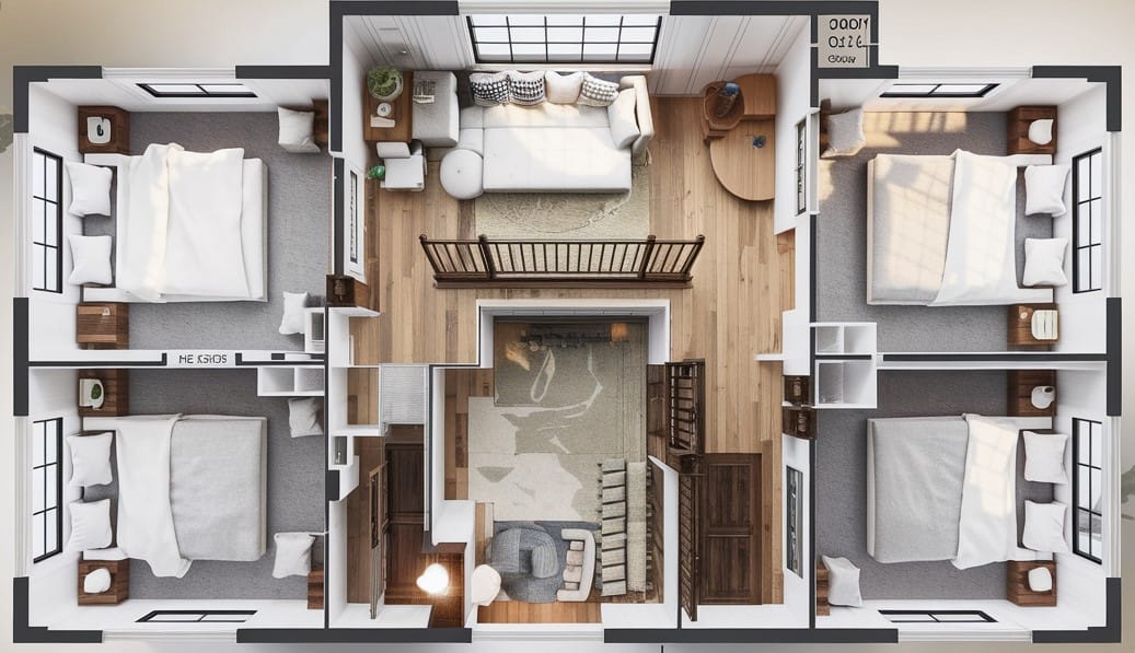 Top-down view of a modern ranch oasis with a well-lit home layout featuring three bedrooms, one bathroom, and an open living area. The space showcases wooden floors, large windows, and minimalistic furniture.