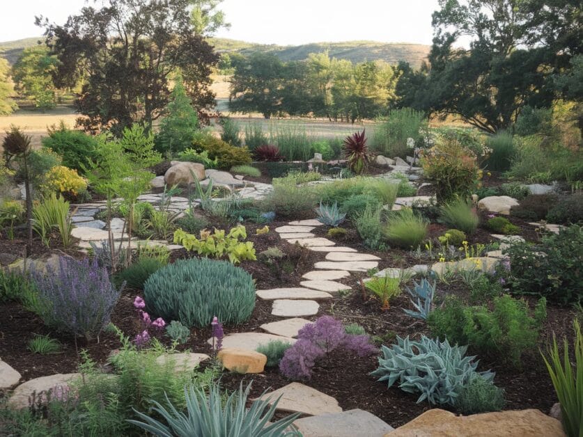A garden with a stone path winding through various succulents, bushes, and ornamental plants at Red Oak Retreat. Trees and hills are visible in the background of this Modern Farmhouse-inspired space.