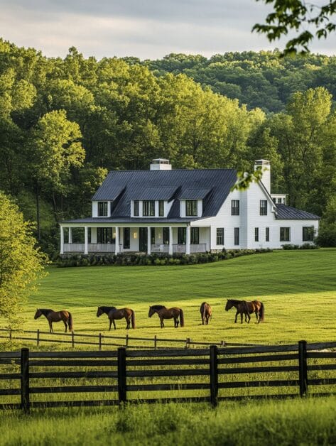 A white farmhouse with a black roof, known as Whispering Oaks, is surrounded by lush greenery and a charming fence. Five horses graze peacefully in the foreground on a sunny day, making this 4-bedroom Dream Farmhouse truly idyllic.