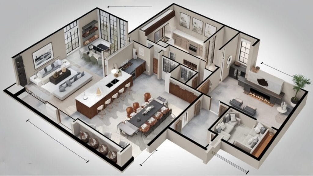 3D floor plan of a modern apartment, ‘The Blackstone Escape’, featuring a living area, kitchen, dining room, study, two bathrooms, and two bedrooms. The layout highlights open spaces with contemporary furnishings.
