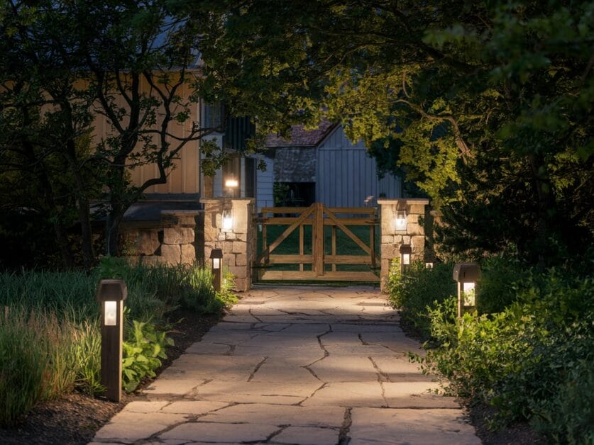 A well-lit stone pathway leads to the wooden gate of 'The Red Oak Retreat,' a 500 Sq. Ft. modern farmhouse flanked by small lanterns and surrounded by greenery and trees in a garden setting during dusk.