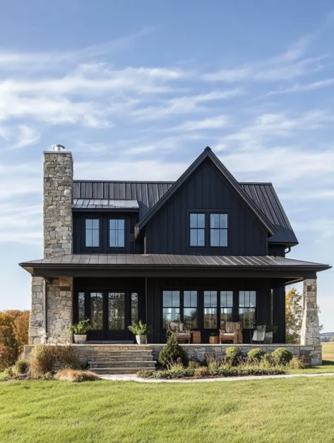 Modern two-story house with black exterior, stone chimney, and large windows, situated in a lush, green lawn under a bright blue sky—a true testament to Farmhouse Luxury.