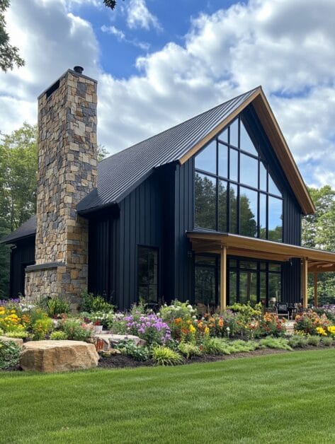 Dreaming of a modern 4-bedroom house with a tall stone chimney, black metal siding, large windows, and a well-maintained garden with various flowering plants. The sky is partly cloudy.