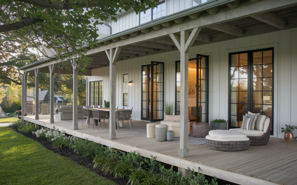 A spacious porch with wooden decking features outdoor seating and dining areas, bordered by shrubbery and a lawn, alongside a white Texas Dream Farmhouse with large windows and French doors.