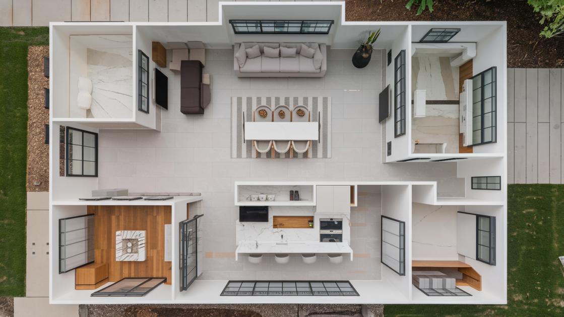 Top-down view of a modern ranch oasis, this open-concept Texas apartment boasts a central dining area, surrounding kitchen, living spaces, and 4-bedroom farmhouse charm, all featuring minimalist decor and clean lines.