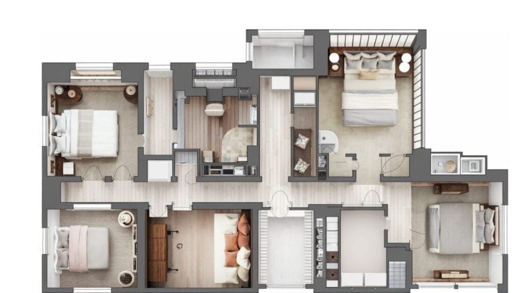 A top-down view of a luxury three-bedroom apartment floor plan, showcasing a living area, kitchen, three bathrooms, and two balconies adjacent to the bedrooms. Experience the elegance of Blackstone Escape with its thoughtfully designed spaces and premium finishes.