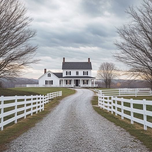 A charming white farmhouse is situated at the end of a gravel driveway, bordered by white fences and leafless trees under a cloudy sky.