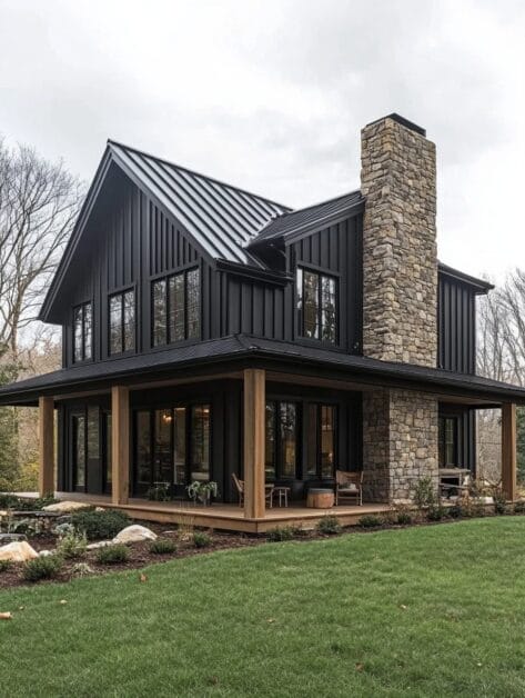 A modern, two-story house with dark exterior siding, large windows, stone chimney, and a wraparound porch set on a well-manicured lawn with trees in the background.