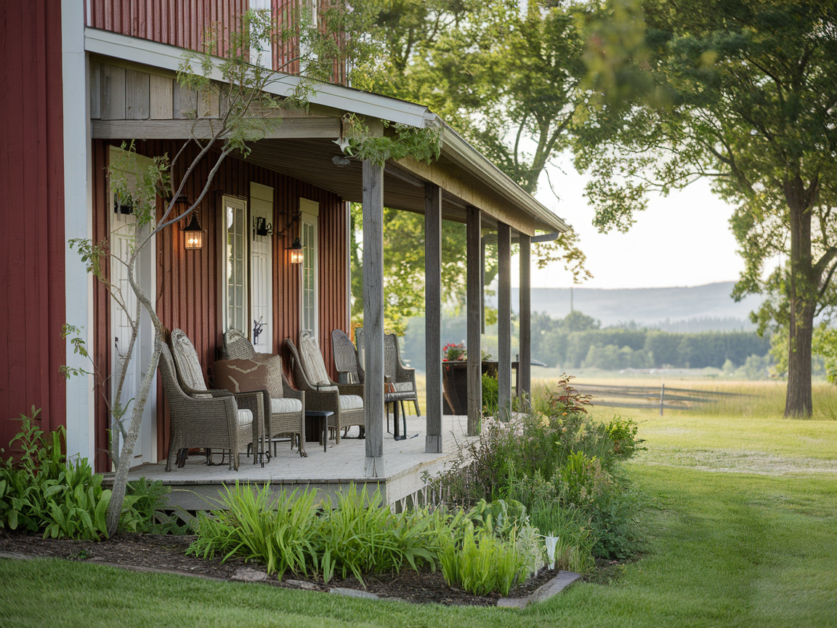 Red Oak Retreat, a modern farmhouse with a red exterior, features a spacious porch with wicker furniture. This 3,500 Sq. Ft. home overlooks a lush green lawn and trees, set against a distant hilly landscape.