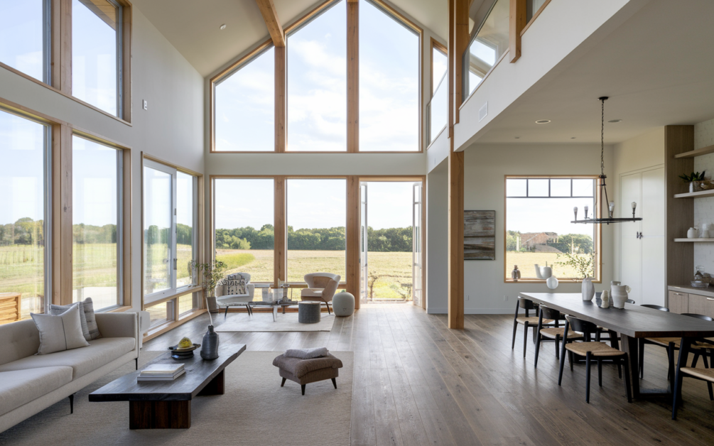 A spacious modern living and dining area with large floor-to-ceiling windows overlooking a scenic Texas landscape, featuring light wooden flooring, minimalist furniture, and neutral tones.
