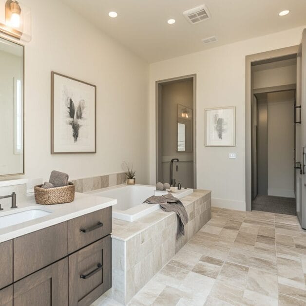 A modern bathroom in White Willow Manor featuring a bathtub with a towel and basket on its ledge, a sink with a drawer cabinet, framed artwork on the walls, and beige tile flooring—your dream house's perfect blend of style and comfort.