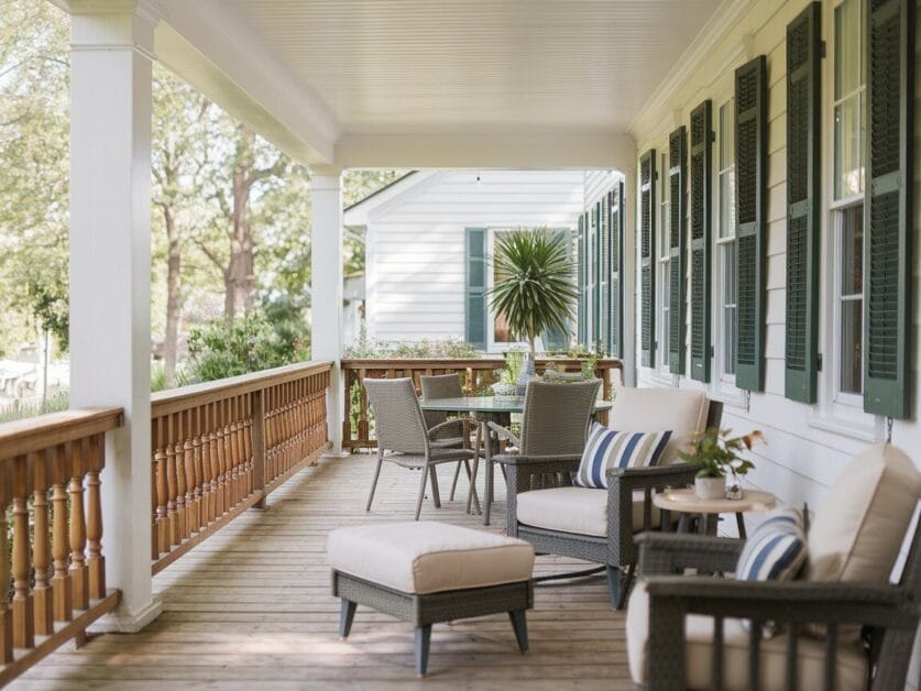 A 4-bedroom modern farmhouse boasts a covered porch with green shutters, featuring cushioned chairs, a small table with a plant, and a seating area with a circular table. Surrounded by greenery and another house in the background, this $900K property is both charming and inviting.
