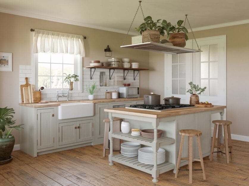 A modern kitchen with light gray cabinets, wooden countertops, a farmhouse sink, and a central island featuring a stove and bar stools. Potted plants and kitchenware are neatly arranged on shelves in this $1 Million Dream home.
