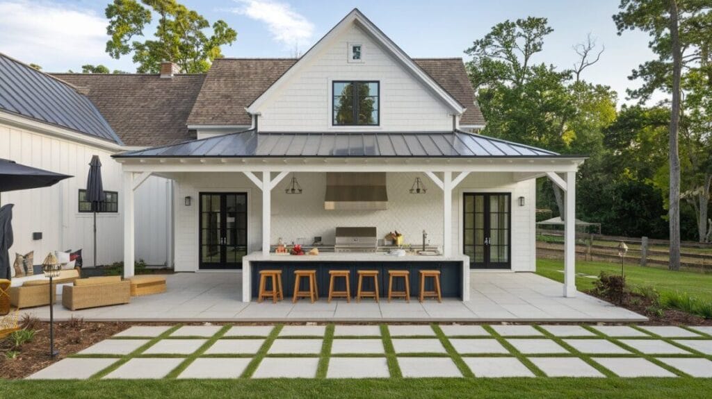 A $1 Million Dream backyard patio features an outdoor kitchen with a metal roof, bar stools, a grill, and a seating area with wicker furniture. The Whispering Pines house has white siding and black-trimmed windows.