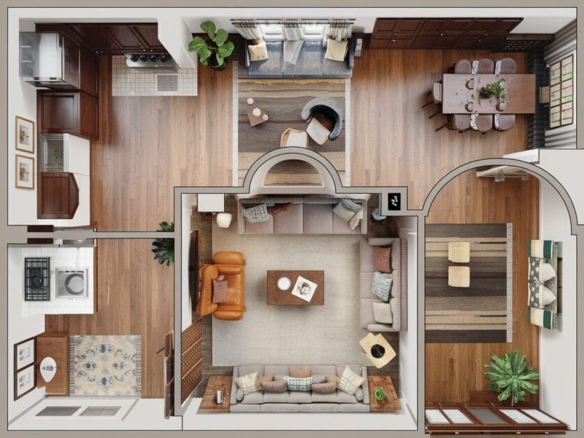 Top-down view of a modern 4-Bedroom Dream Farmhouse layout featuring a living room, kitchen, dining area, bedroom, and a small office. The space has wood flooring and a mix of contemporary and cozy furnishings.