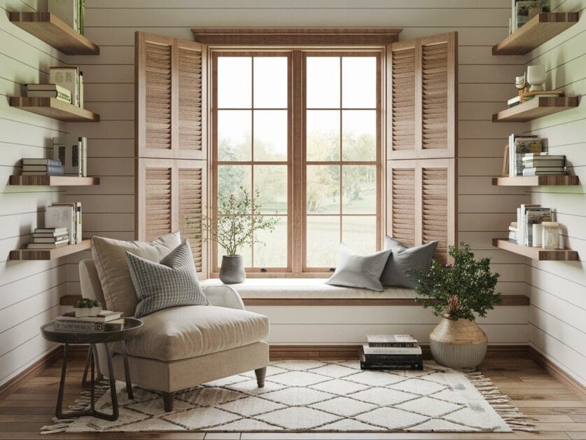 A cozy reading nook in the Dream Farmhouse features an armchair, a window seat with wooden shutters, shelves filled with books, two potted plants, and a patterned rug—a perfect retreat within this charming 4-bedroom home.