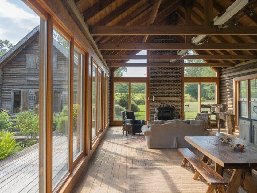 A rustic indoor-outdoor living area with wooden beams, large windows, cozy seating, a brick fireplace, and a wooden dining table with benches. From the comfort of your Dream Farmhouse, enjoy views of Whispering Oaks and a log cabin visible just outside the windows.