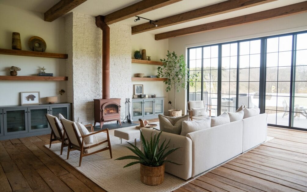 Discover Blackstone Haven, where modern luxury meets rustic charm in a living room featuring a white sectional sofa, armchairs, a wood-burning stove, wooden beams, a potted plant, and large windows overlooking an outdoor area.