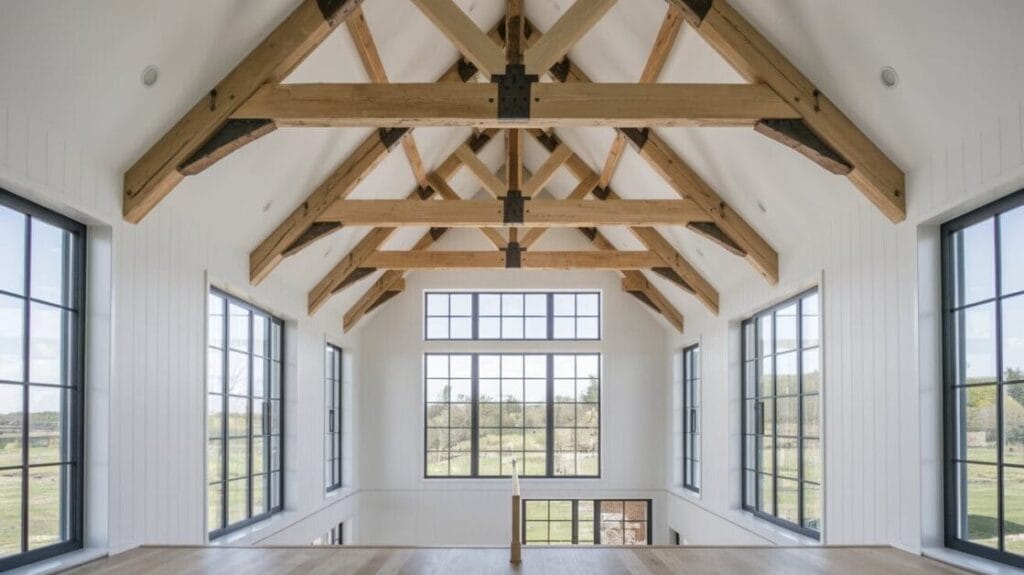 A spacious room in Blackstone Haven features a high ceiling with exposed wooden beams and large, grid-patterned windows, offering a clear outdoor view. Walls are white, and natural light floods the interior, blending rustic charm with modern luxury.