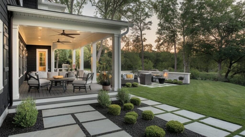 A modern patio with outdoor furniture is attached to The Blackstone Haven, overlooking a landscaped backyard with a lawn, paver walkway, and trimmed shrubs, against a backdrop of trees at sunset.
