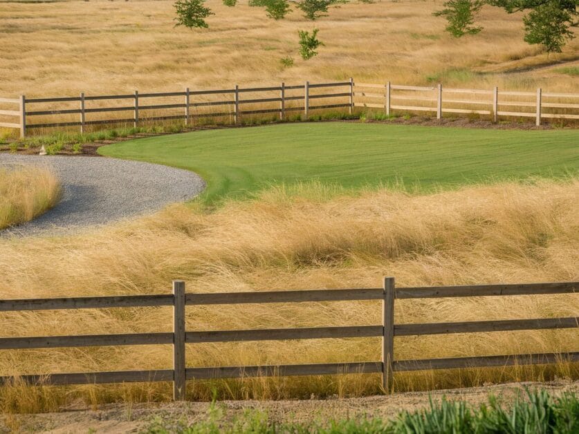 A small green lawn surrounded by dry, tall grass and enclosed by a wooden fence with trees in the background enhances the charm of Red Barn Retreat, offering a stunning view for your perfect vacation rental.
