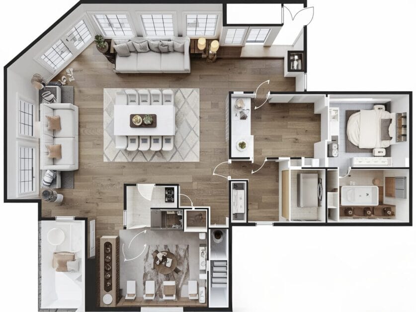A bird's-eye view of a modern apartment layout featuring a living room, dining area, kitchen, three bedrooms, and two bathrooms with contemporary furnishings and decor.
