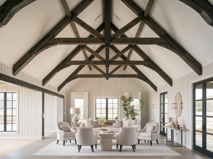 Spacious living room with high, exposed beam ceiling, neutral-toned furniture, large windows offering a stunning view, and white walls. The room features a rug, two round side tables, and decorative plants. Perfect for relaxing after a day exploring the nearby Red Barn Retreat!