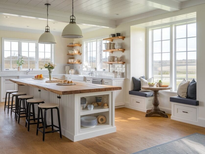 A bright, airy kitchen at the Red Barn Retreat features a large island with a wooden countertop, stools, built-in shelves, and a cozy window seat. White cabinetry and modern lighting fixtures complete the space in this charming 3-bed home with a stunning view.