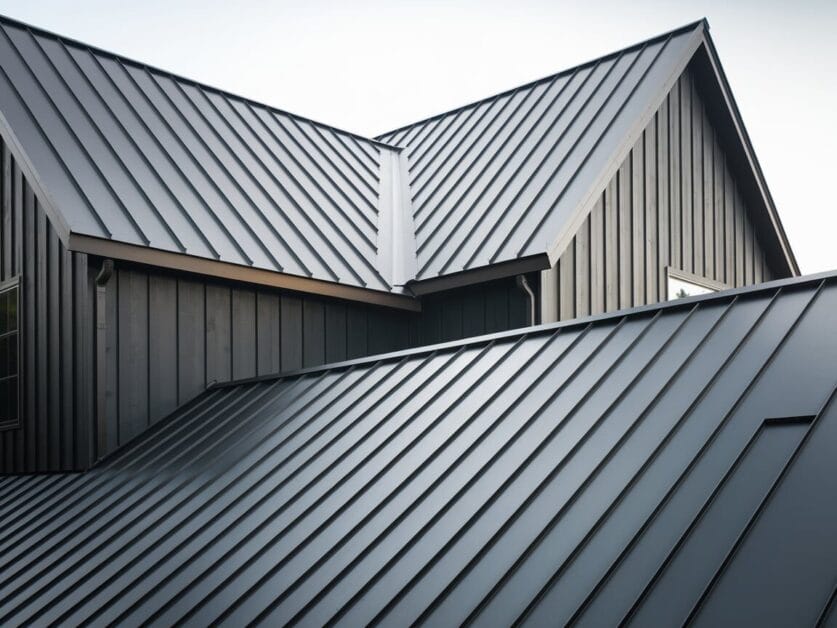A modern building, The Midnight Lodge, boasts multiple angled features and dark gray standing seam metal roofing, blending farmhouse luxury with contemporary elegance.