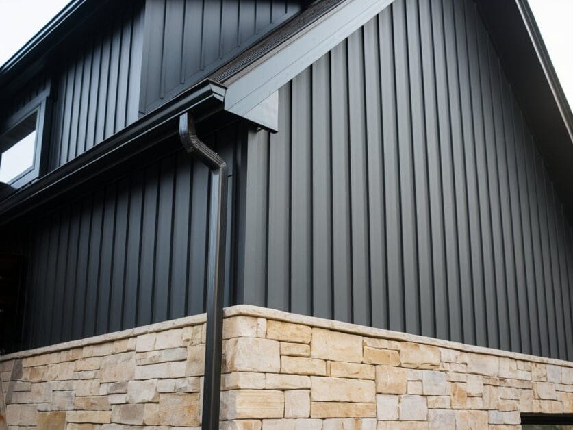 Close-up of a modern building exterior, dubbed The Midnight Lodge, featuring black metal siding on the upper portion and light-colored stone veneer on the lower portion. This blend of materials brings a touch of farmhouse luxury to urban design.