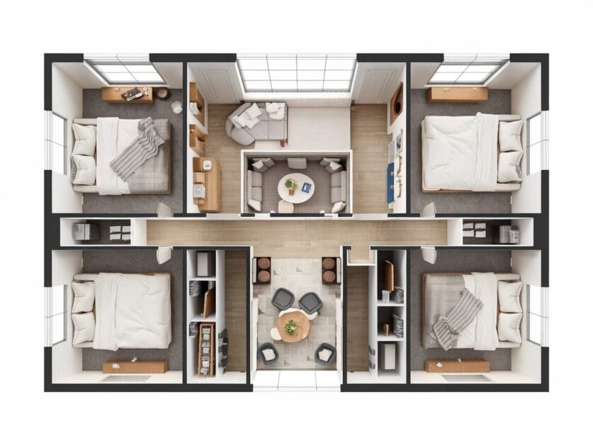 A top-view floor plan featuring four bedrooms, each with a bed, nightstand, and closet. The central area contains a living room with seating and a small round table, and a dining area with four chairs—a perfect blend of Farmhouse Luxury within the layout of The Midnight Lodge.